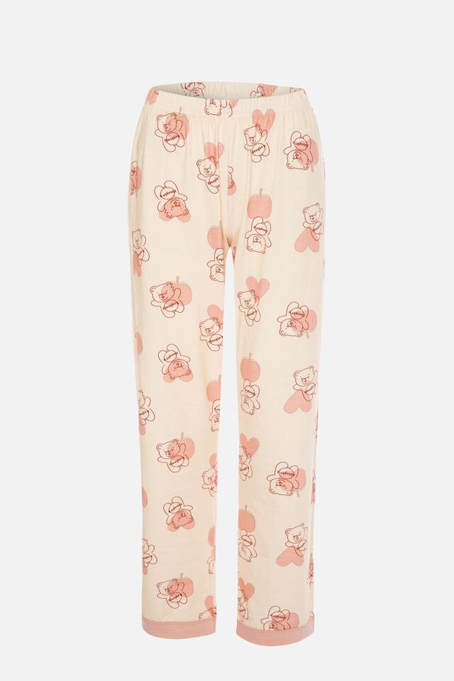 Kadın Pudra Ayıcık Desenli Bant Detaylı Düğmeli Pijama Takımı Beyaz-Pembe - L