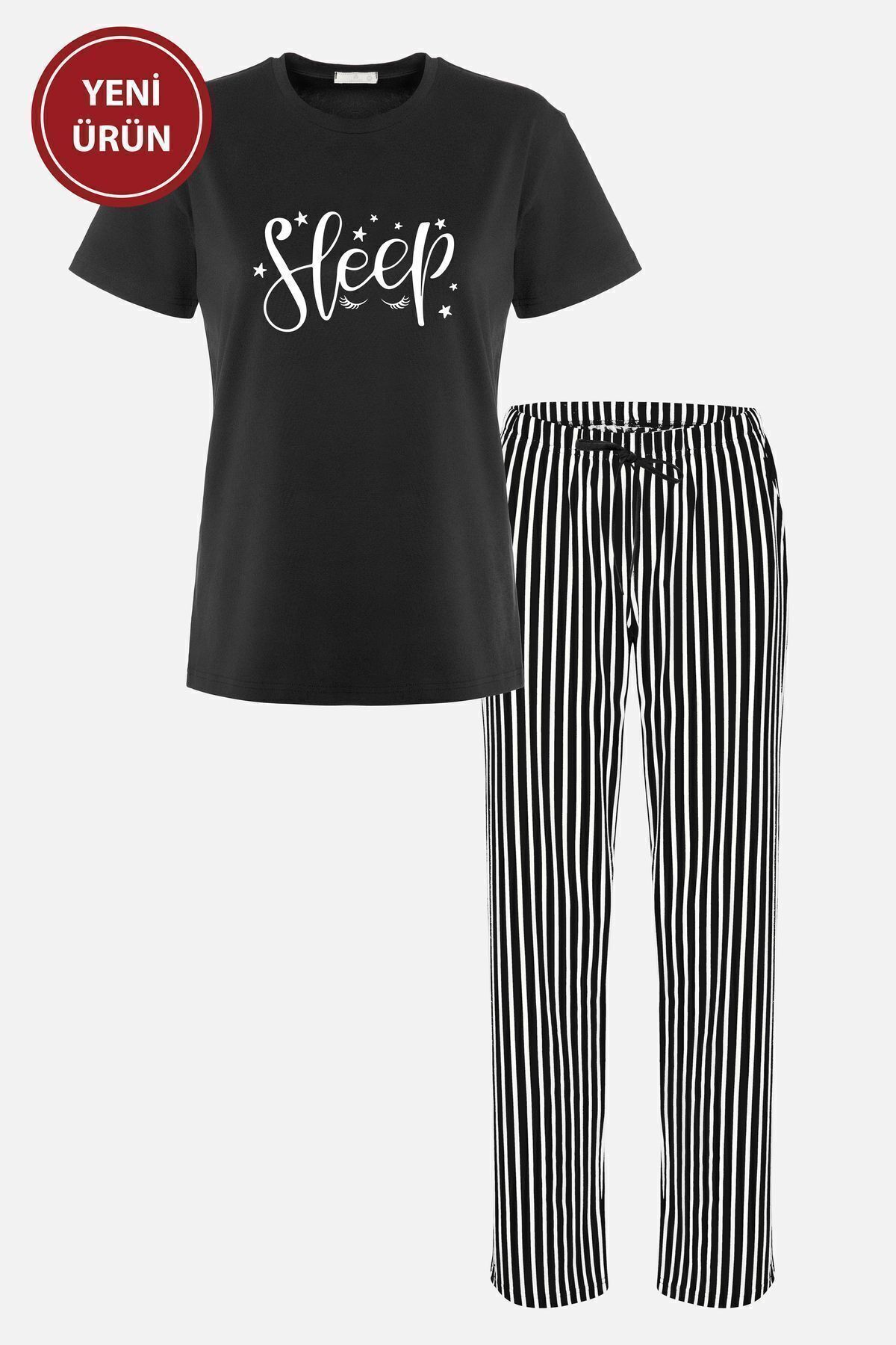 Kadın Kısa Kollu Pamuklu Çizgili Pijama Takımı 3füme - S - 3füme - S