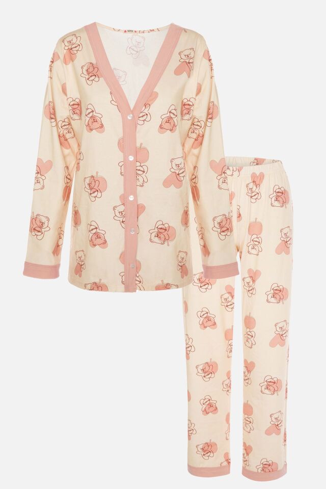 Kadın Pudra Ayıcık Desenli Bant Detaylı Düğmeli Pijama Takımı Beyaz-Pembe - XL