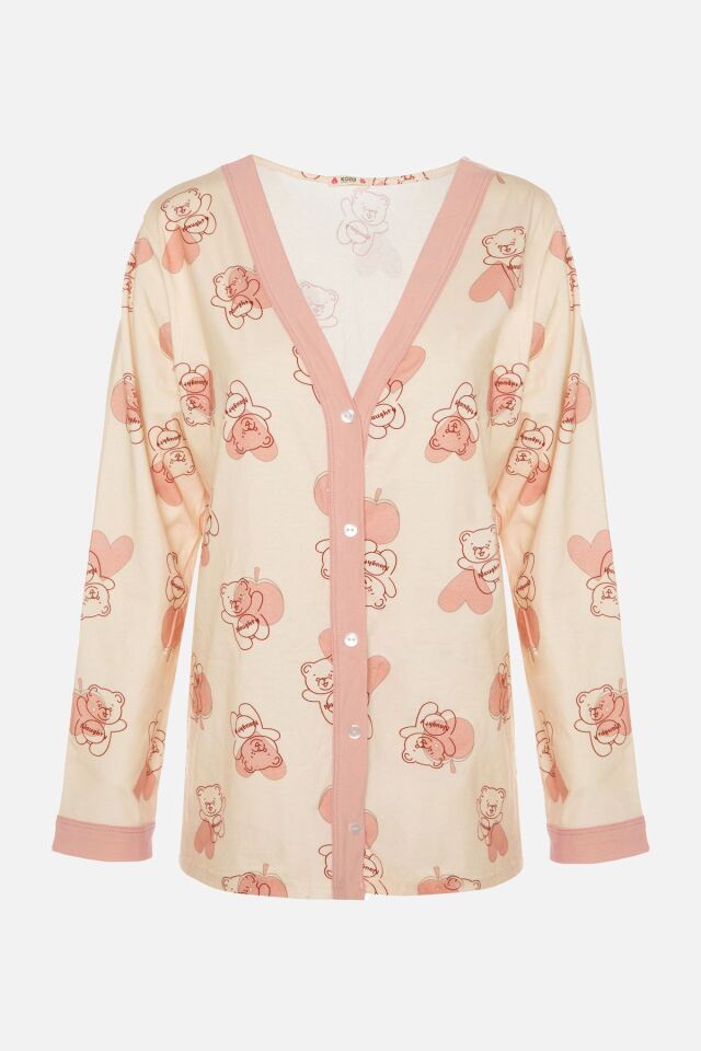 Kadın Pudra Ayıcık Desenli Bant Detaylı Düğmeli Pijama Takımı Beyaz-Pembe - XL