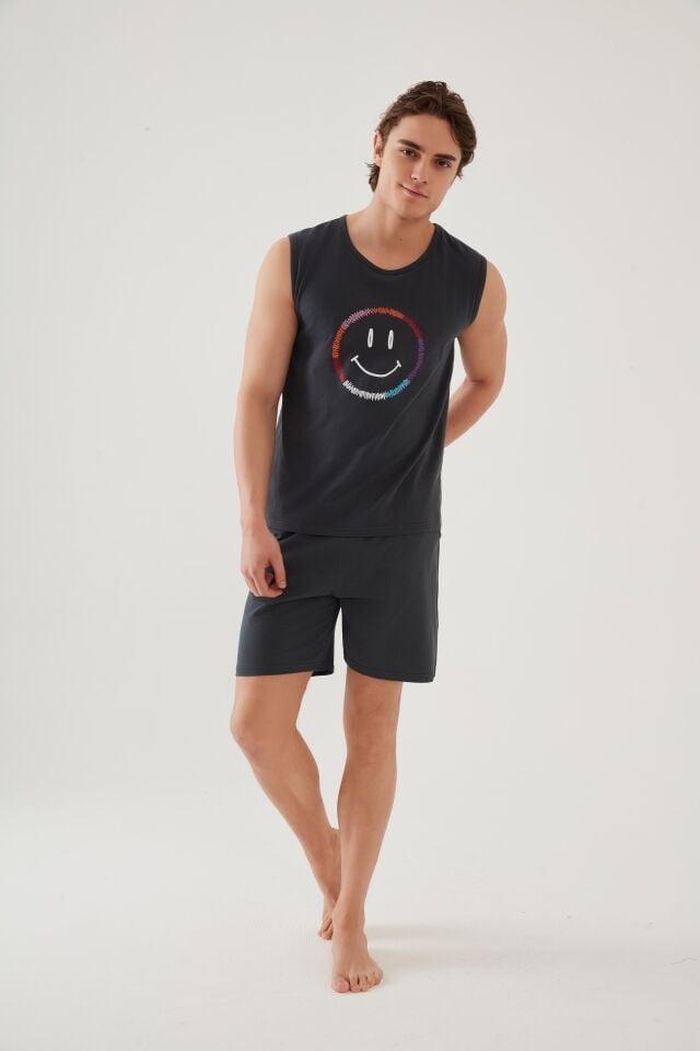 Erkek Pamuklu Sıfır Kollu Baskı Detaylı Şortlu Pijama Takımı M - Füme