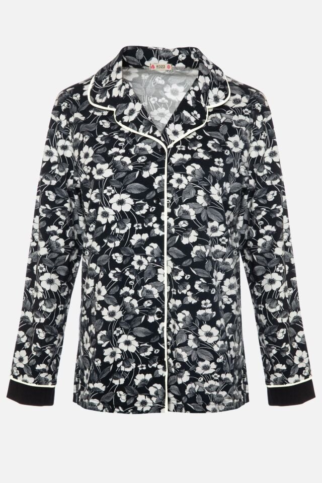 Kadın Pamuklu Çiçek Desenli Ara Biyeli Gömlek Yaka Uzun Kollu Pijama Takımı Desenli - L