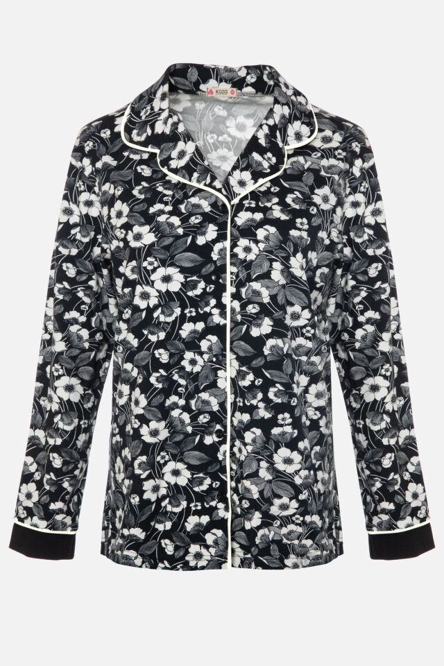 Kadın Pamuklu Çiçek Desenli Ara Biyeli Gömlek Yaka Uzun Kollu Pijama Takımı Desenli - L