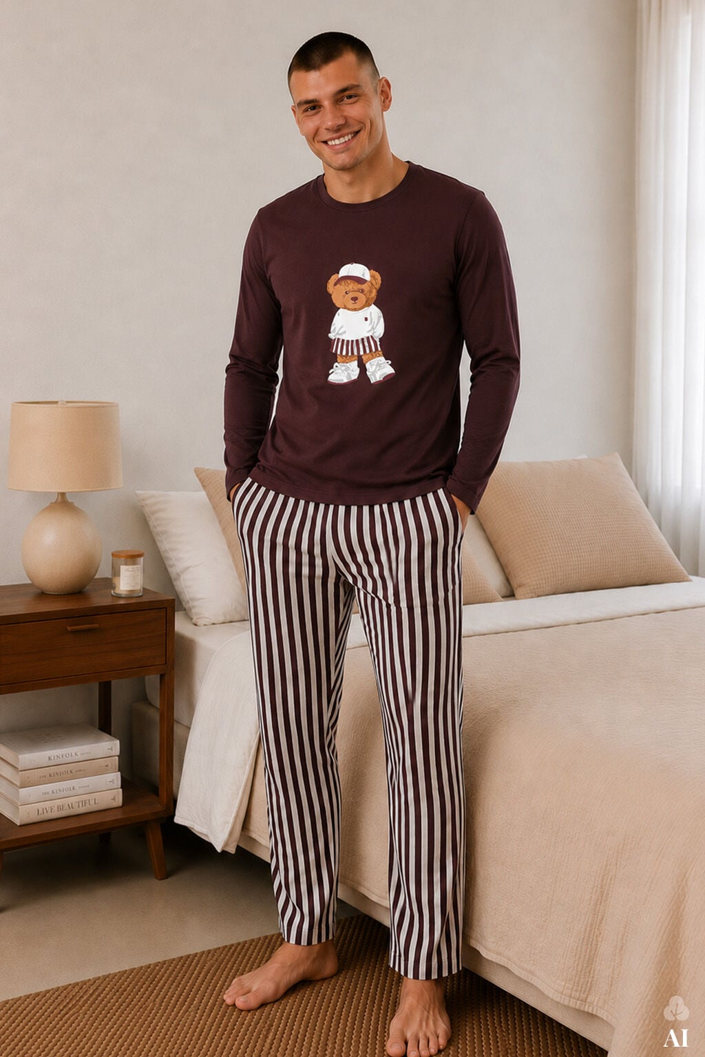 Erkek Pamuklu Uzun Kollu Ayıcık Baskılı Alt Çizgili Pijama Takımı Mürdüm - Ekru - 2XL