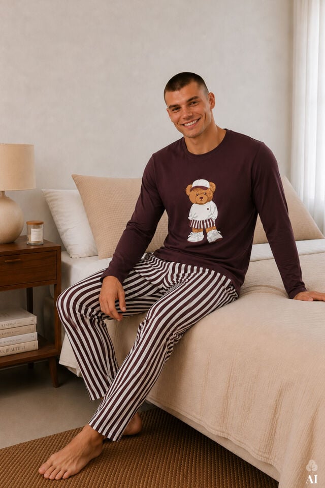 Erkek Pamuklu Uzun Kollu Ayıcık Baskılı Alt Çizgili Pijama Takımı Mürdüm - Ekru - 2XL