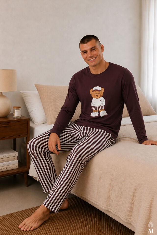 Erkek Pamuklu Uzun Kollu Ayıcık Baskılı Alt Çizgili Pijama Takımı Mürdüm - Ekru - 2XL