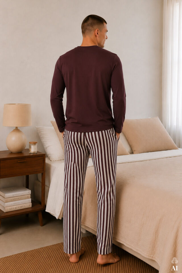 Erkek Pamuklu Uzun Kollu Ayıcık Baskılı Alt Çizgili Pijama Takımı Mürdüm - Ekru - 2XL
