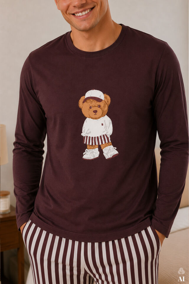 Erkek Pamuklu Uzun Kollu Ayıcık Baskılı Alt Çizgili Pijama Takımı Mürdüm - Ekru - 2XL