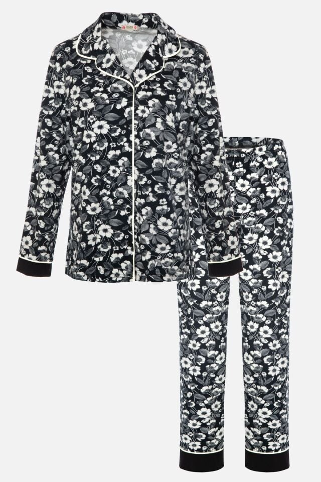 Kadın Pamuklu Çiçek Desenli Ara Biyeli Gömlek Yaka Uzun Kollu Pijama Takımı Desenli - S