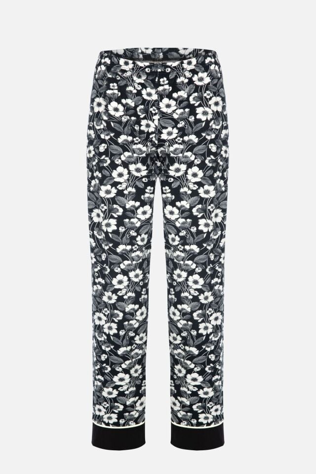 Kadın Pamuklu Çiçek Desenli Ara Biyeli Gömlek Yaka Uzun Kollu Pijama Takımı Desenli - S