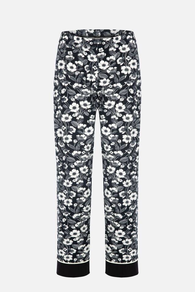 Kadın Pamuklu Çiçek Desenli Ara Biyeli Gömlek Yaka Uzun Kollu Pijama Takımı Desenli - S