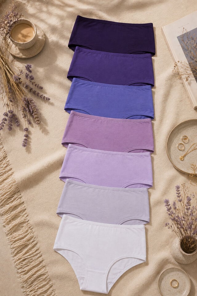 Kadın 7'li Likralı Ekstra Yüksek Bel Külot Mor -  Ekru - 3XL