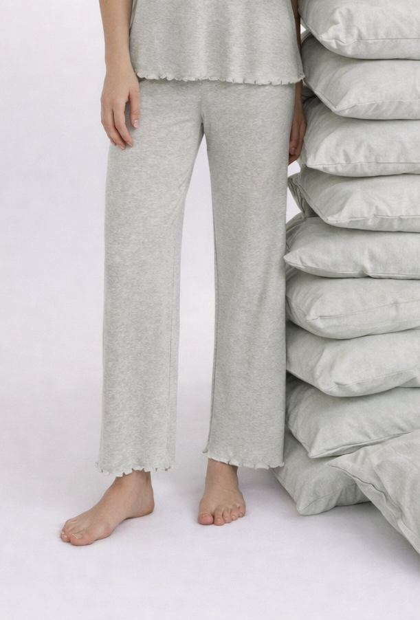 Kadın Pamuklu Kısa Kollu Baby Overloklu Pijama Takımı Gri - M