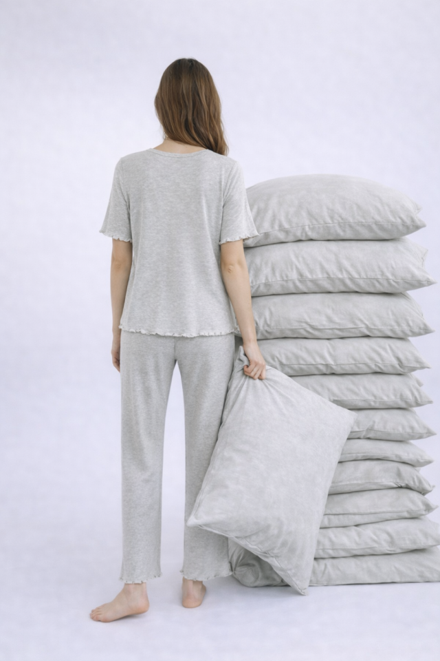 Kadın Pamuklu Kısa Kollu Baby Overloklu Pijama Takımı Gri - M