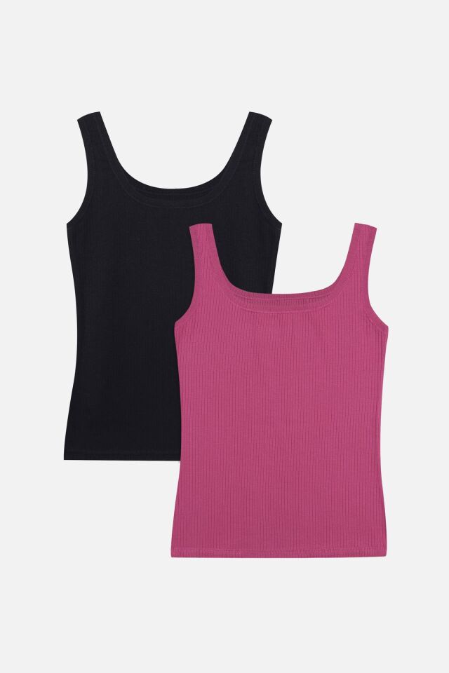 2'li Kalın Askılı Fitilli Atlet Siyahfusya - L/XL