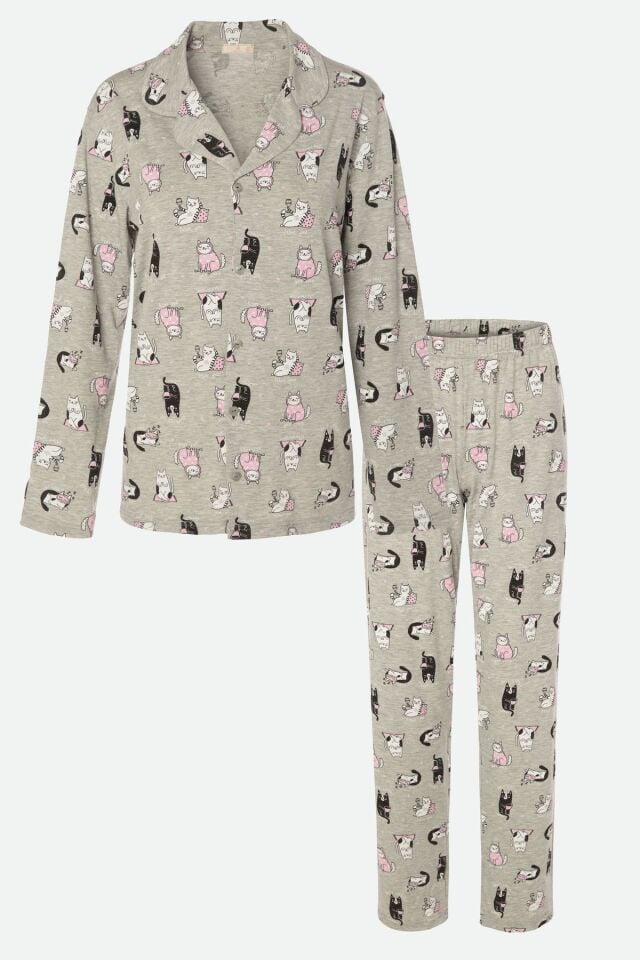 Kadın Gri Melanj Kedi Desenli Uzun Kollu Gömlek Yaka Pijama Takımı