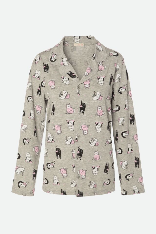 Kadın Gri Melanj Kedi Desenli Uzun Kollu Gömlek Yaka Pijama Takımı