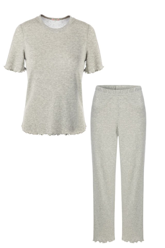 Kadın Pamuklu Kısa Kollu Baby Overloklu Pijama Takımı Gri - XL