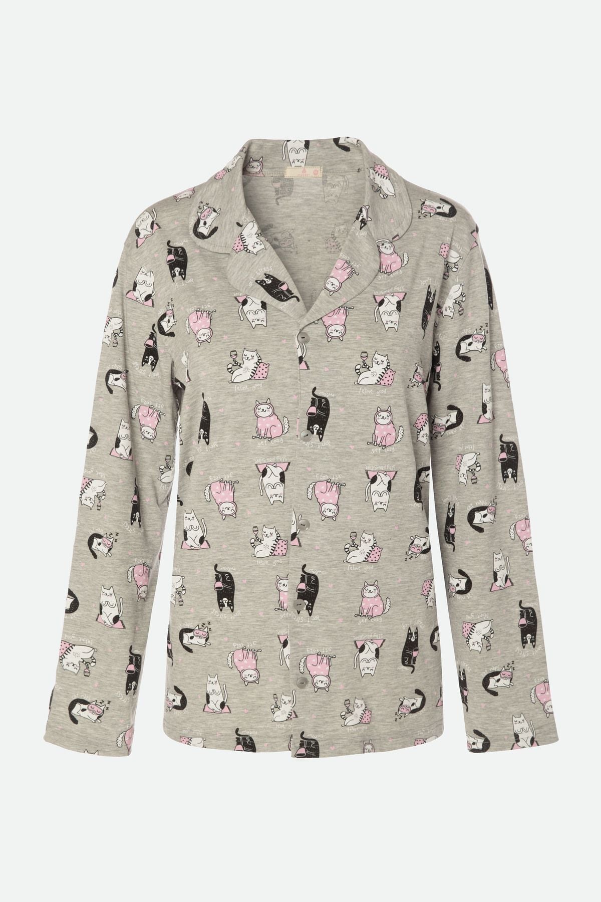 Kadın Gri Melanj Kedi Desenli Uzun Kollu Gömlek Yaka Pijama Takımı Gri Melanj - 2XL