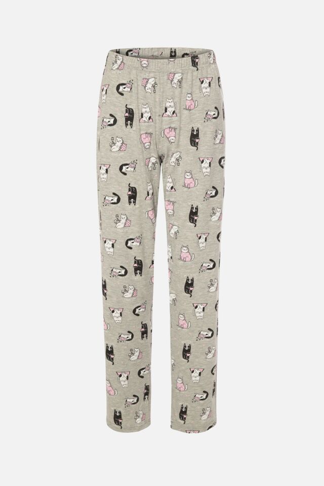 Kadın Gri Melanj Kedi Desenli Uzun Kollu Gömlek Yaka Pijama Takımı Gri Melanj - 2XL