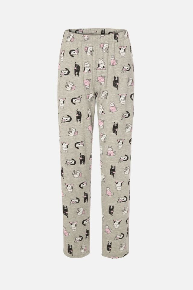 Kadın Gri Melanj Kedi Desenli Uzun Kollu Gömlek Yaka Pijama Takımı Gri Melanj - 2XL
