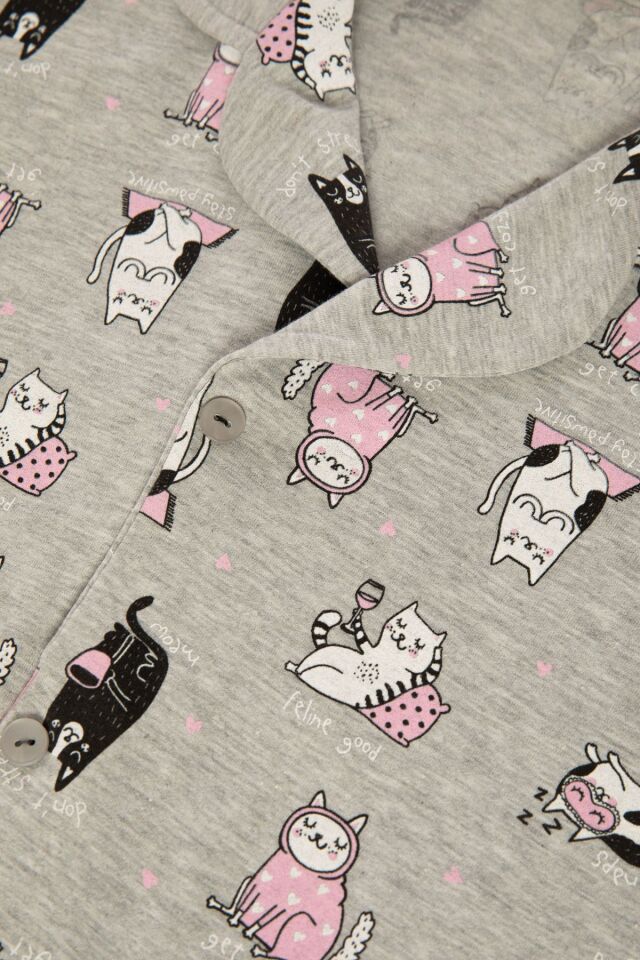 Kadın Gri Melanj Kedi Desenli Uzun Kollu Gömlek Yaka Pijama Takımı Gri Melanj - 2XL