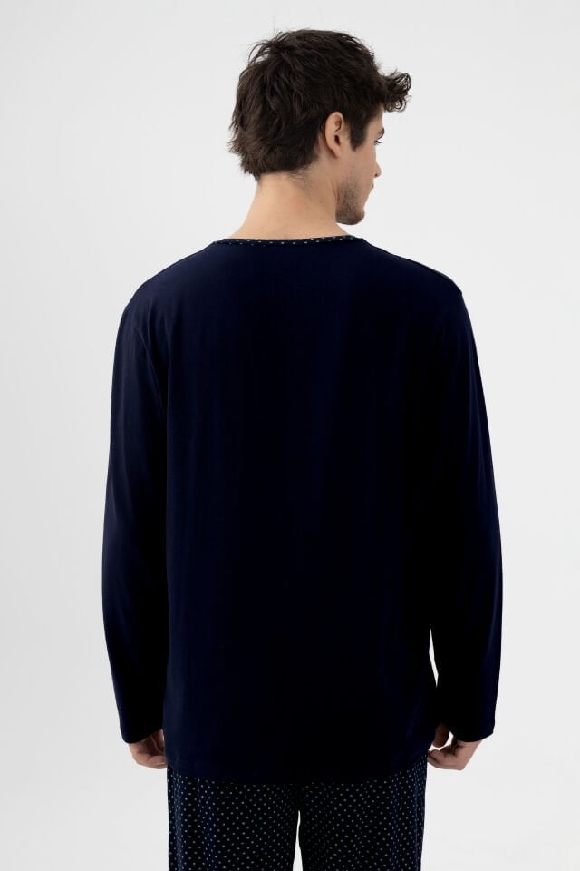 Erkek Pamuklu, Likralı, Yaka Düğmeli Uzun Kollu ve Cep Detaylı Puan Desenli Pijama Takımı Lacivert - S