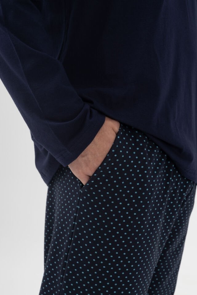 Erkek Pamuklu, Likralı, Yaka Düğmeli Uzun Kollu ve Cep Detaylı Puan Desenli Pijama Takımı Lacivert - S