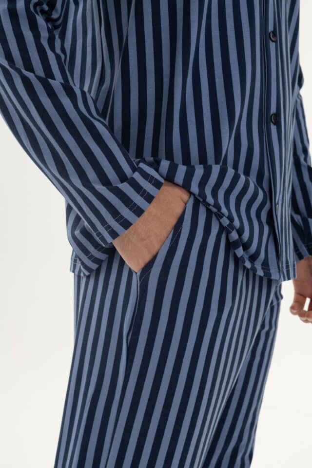 Erkek Mavi Çizgili Pamuklu Kombinli Gömlek Yaka Pijama Takımı Mavi Çizgili - XL