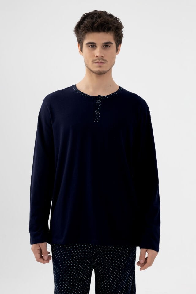 Erkek Pamuklu, Likralı, Yaka Düğmeli Uzun Kollu ve Cep Detaylı Puan Desenli Pijama Takımı Lacivert - 2XL