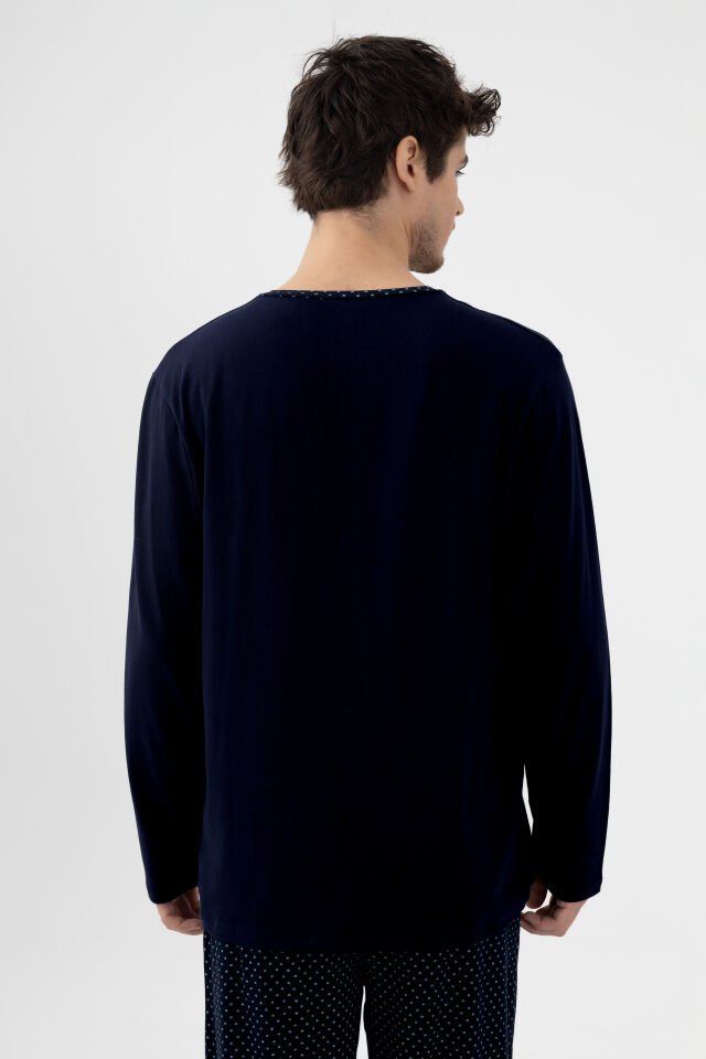 Erkek Pamuklu, Likralı, Yaka Düğmeli Uzun Kollu ve Cep Detaylı Puan Desenli Pijama Takımı Lacivert - 2XL