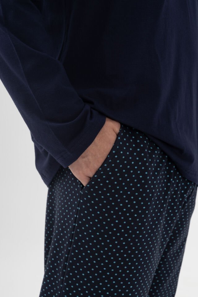Erkek Pamuklu, Likralı, Yaka Düğmeli Uzun Kollu ve Cep Detaylı Puan Desenli Pijama Takımı Lacivert - 2XL