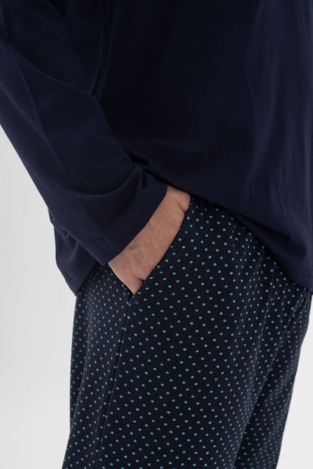 Erkek Pamuklu, Likralı, Yaka Düğmeli Uzun Kollu ve Cep Detaylı Puan Desenli Pijama Takımı Lacivert - 2XL
