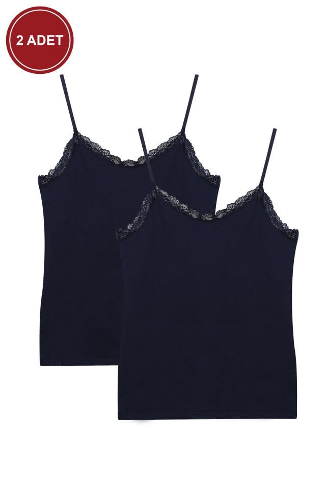 Kadın 2'li Ip Askılı Dantelli - Ayar Halkalı Atlet Lacivert - 2XL