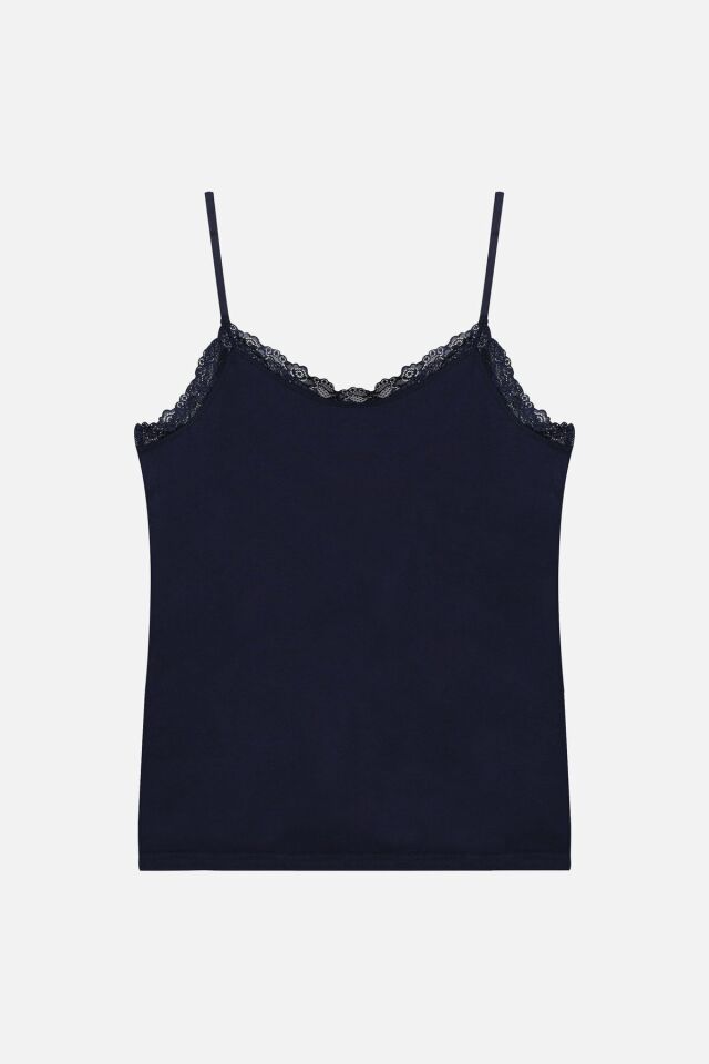 Kadın 2'li Ip Askılı Dantelli - Ayar Halkalı Atlet Lacivert - 2XL