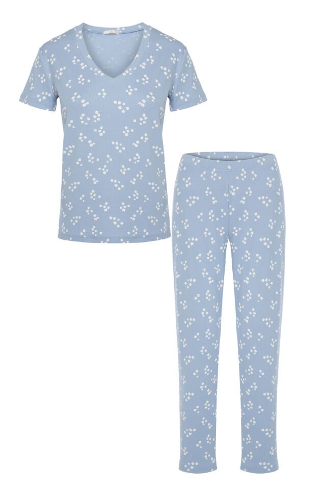 Kadın Kısa Kollu Pamuklu Fitilli Kaşkorse Pijama Takımı Bebe Mavisi - 2XL - Bebe Mavisi - 2XL