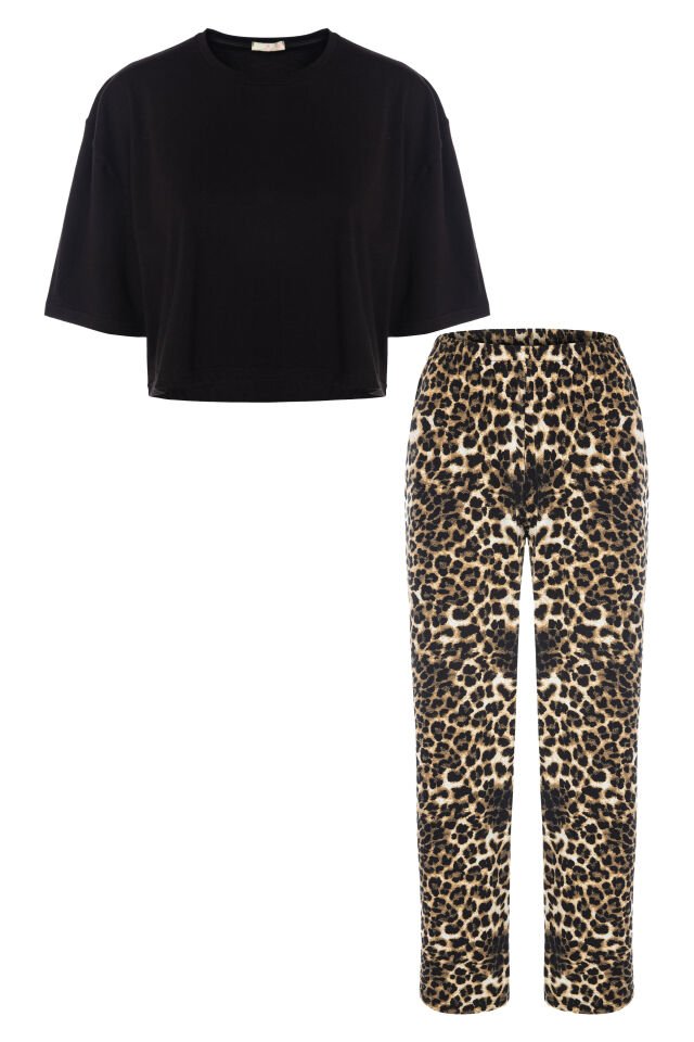 Sevgililer Günü Temalı Kadın Pamuklu Oversize  T-shirt  Ekose Desenli Pijama Takımı L - Siyah - Kahverengi