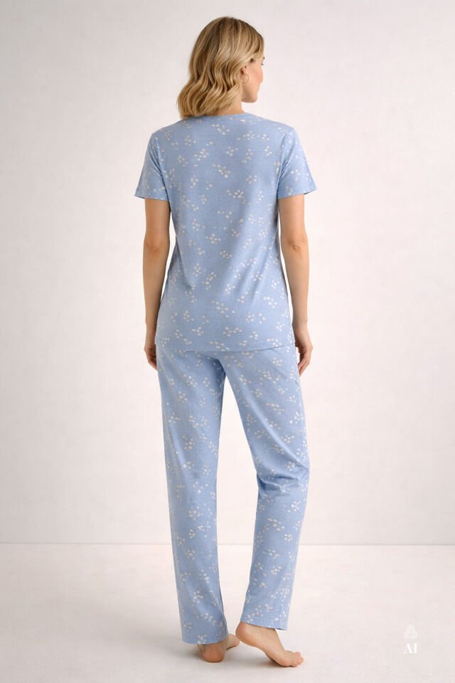 Kadın Kısa Kollu Pamuklu Fitilli Kaşkorse Pijama Takımı Bebe Mavisi - M - Bebe Mavisi - M