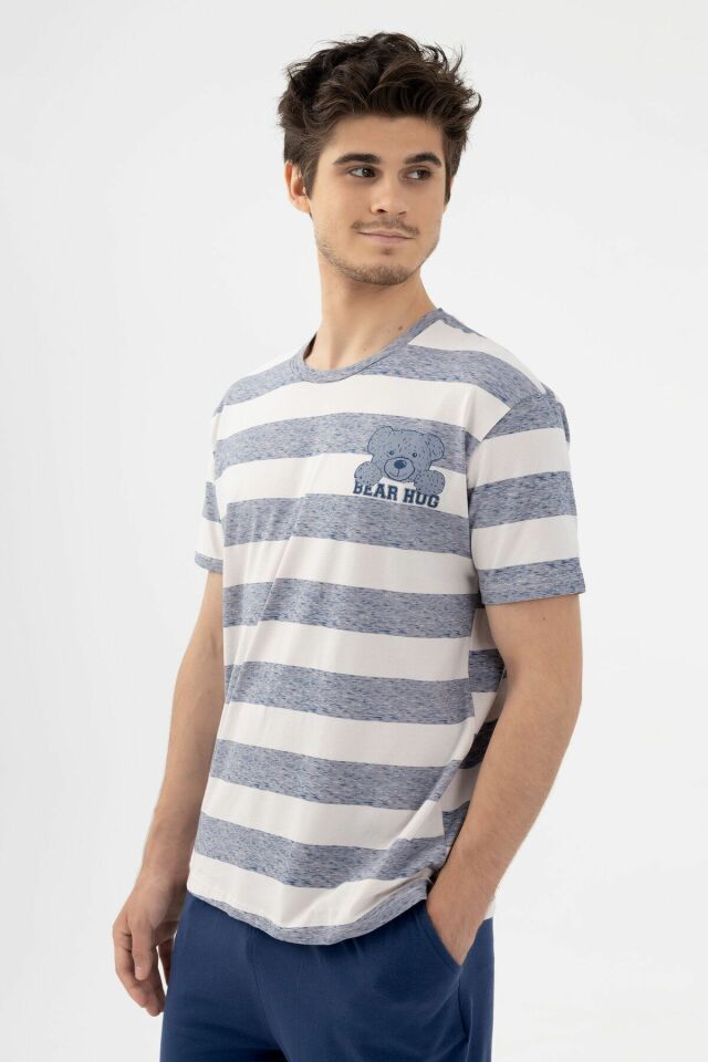 Erkek Pamuklu Çizgili Desenli Ayıcık Baskılı Kısa Kollu Pijama Takımı