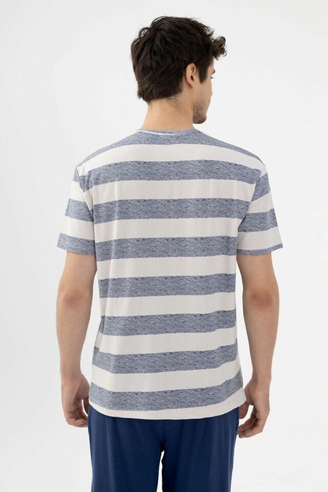 Erkek Pamuklu Çizgili Desenli Ayıcık Baskılı Kısa Kollu Pijama Takımı