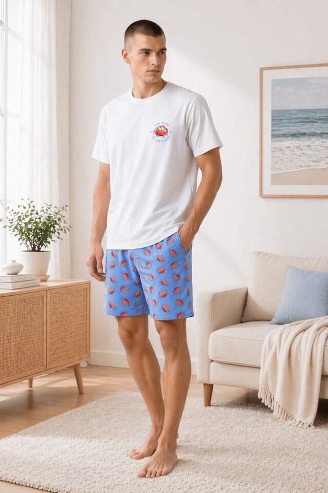 Erkek Pamuklu Mavi Yengeç Desenli Cepli Şortlu Pijama Takımı Ekru - Mavi - S