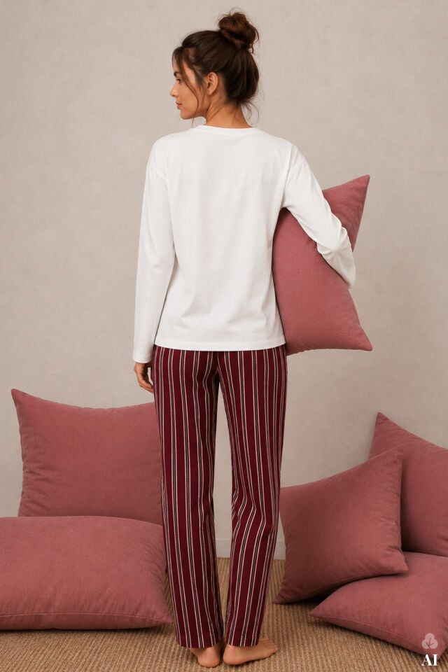 Kadın Pamuklu Çizgili Desenli Baskılı Uzun Kollu Pijama Takımı Bordo - Ekru - L