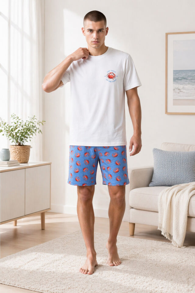 Erkek Pamuklu Mavi Yengeç Desenli Cepli Şortlu Pijama Takımı Ekru - Mavi - L