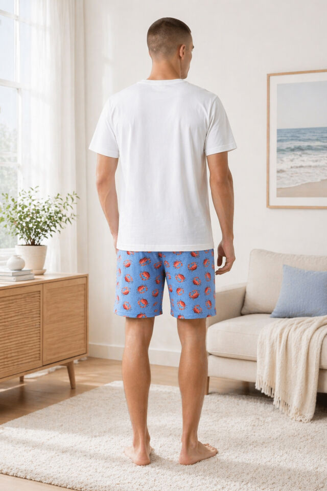 Erkek Pamuklu Mavi Yengeç Desenli Cepli Şortlu Pijama Takımı Ekru - Mavi - L