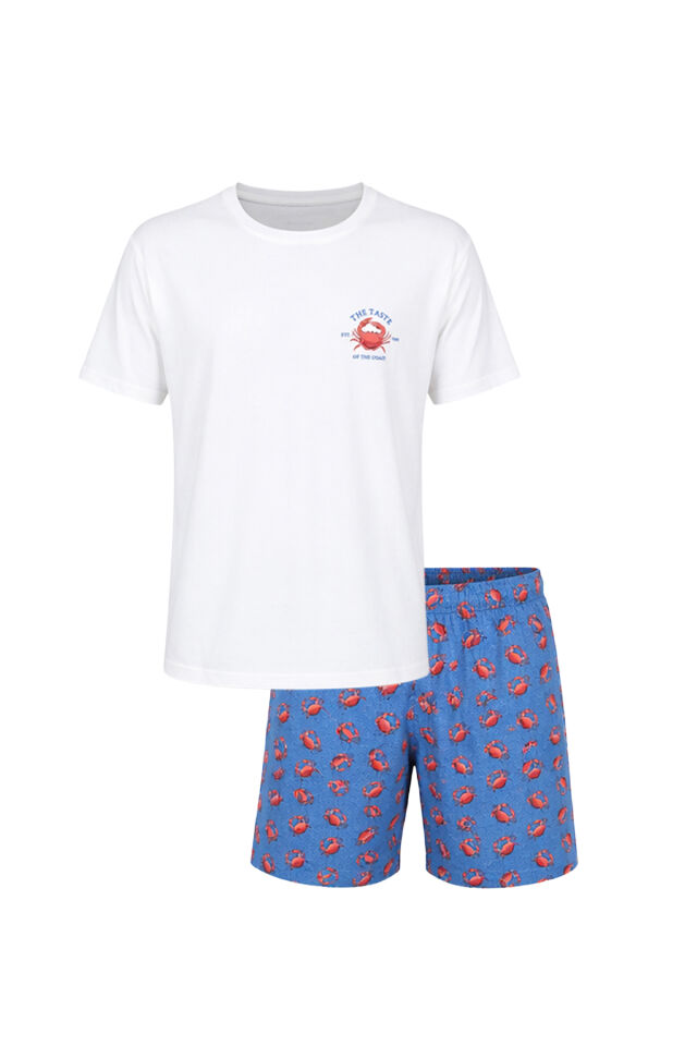 Erkek Pamuklu Mavi Yengeç Desenli Cepli Şortlu Pijama Takımı Ekru - Mavi - L