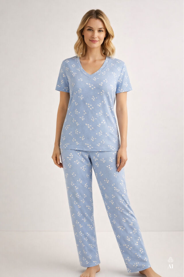 Kadın Kısa Kollu Pamuklu Fitilli Kaşkorse Pijama Takımı Bebe Mavisi - S - Bebe Mavisi - S