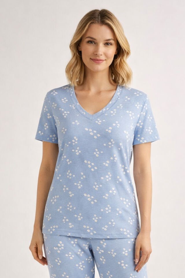 Kadın Kısa Kollu Pamuklu Fitilli Kaşkorse Pijama Takımı Bebe Mavisi - S - Bebe Mavisi - S