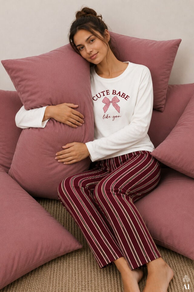 Kadın Pamuklu Çizgili Desenli Baskılı Uzun Kollu Pijama Takımı Bordo - Ekru - XL