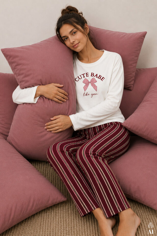 Kadın Pamuklu Çizgili Desenli Baskılı Uzun Kollu Pijama Takımı Bordo - Ekru - XL