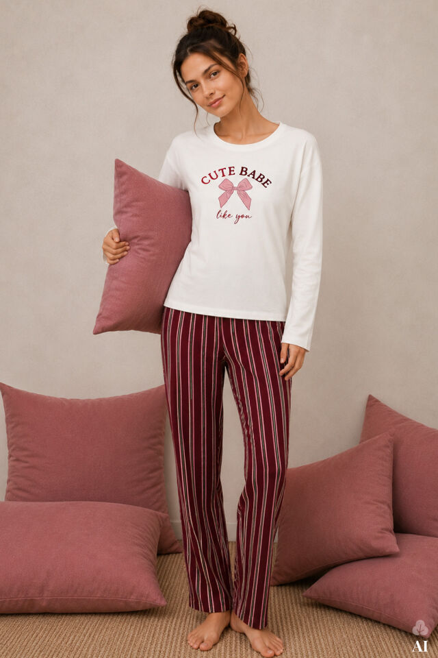 Kadın Pamuklu Çizgili Desenli Baskılı Uzun Kollu Pijama Takımı Bordo - Ekru - XL